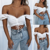 Sexy Off-shoulder Short Sleeve Hollow Out Crop Top