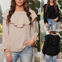 Fashion Long Sleeve Round Neck Solid Color Ruffle Top
