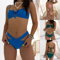 Sexy  Hollow Out Low-waist Solid Color Bikini Set