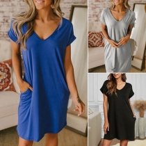 Simple Style Short Sleeve V-neck Solid Color T-shirt Dress