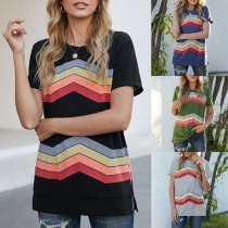 Fashion Wavy-stripe Printed Short Sleeve Round Neck T-shirt