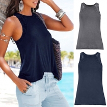 Fashion Solid Color Round Neck Lace Spliced Tank Top