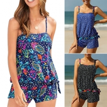 Sexy Backless Printed Sling Top + Shorts Swimsuit Set
