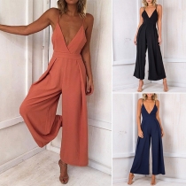 Sexy Backless V-neck High Waist Solid Color Sling Jumpsuit