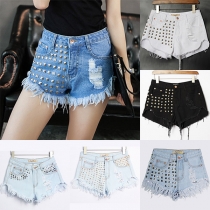 Punk Style High Waist Ripped Frayed Hem Rivets Shorts