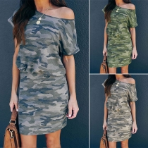 Fashion Camouflage Printed Short Sleeve Round Neck Slim Fit Dress