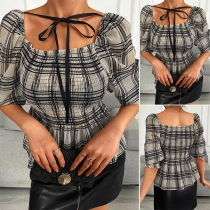 Fashion Long Sleeve Square Collar Plaid Top