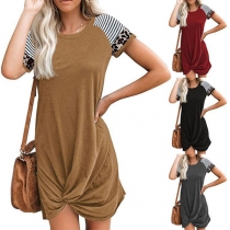 Fashion Striped Spliced Short Sleeve Twisted Hem T-shirt Dress