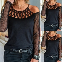 Sexy Off-shoulder Gauze Spliced Long Sleeve Hollow Out T-shirt