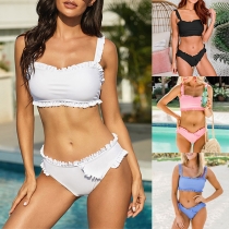 Sexy Low-waist Solid Color Ruffle Bikini Set