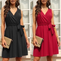 Fashion Solid Color Sleeveless V-neck Dress