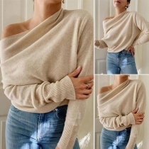 Sexy Oblique Shoulder Long Sleeve Solid Color Knit Top