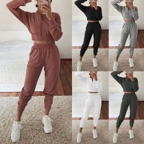 Fashion Solid Color Long Sleeve Crop Top + Pants Two-piece Set
