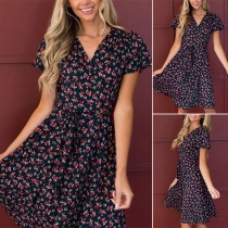 Fresh Style Short Sleeve V-neck High Waist Printed Dress