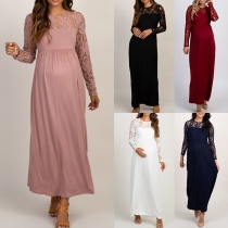 Fashion Solid Color Long Sleeve Round Neck Lace Spliced Maternity Dress