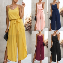 Sexy Backless V-neck Slit Hem High Waist Solid Color Sling Jumpsuit