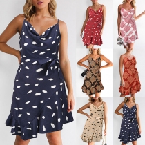 Sexy Backless Cowl Neck Irregular Ruffle Hem Printed Sling Dress