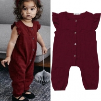 Cute Style Lotus Sleeve Round Neck Solid Color Children Jumpsuit