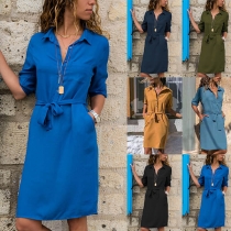 Fashion Solid Color 3/4 Sleeve POLO Collar Shirt Dress