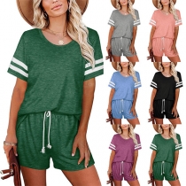 Fashion Striped Spliced Short Sleeve Round Neck Top + Shorts Two-piece Set