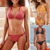 Sexy Low-waist Backless Solid Color Halter Bikini Set