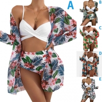 Sexy High-waist Printed Bikini Three-piece Set