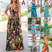 Bohemian Style Backless V-neck High Waist Printed Sling Maxi Dress