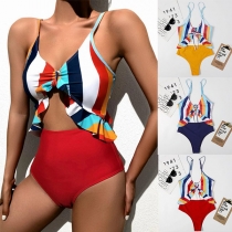 Sexy Hollow Out High Waist Contrast Color Sling One-piece Swimsuit