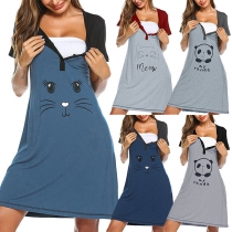 Cute Cartoon Printed Short Sleeve Round Neck Contrast Color Maternity Dress