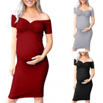 Sexy Off-shoulder V-neck Short Sleeve Solid Color Slim Fit Maternity Dress