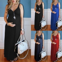 Sexy Backless V-neck High Waist Solid Color Sling Maternity Dress