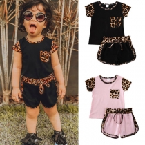 Fashion Leopard Printed Spliced Short Sleeve T-shirt + Shorts Children Set