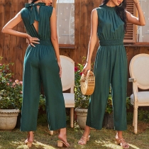 Sexy Backless Sleeveless Round Neck High Waist Solid Color Jumpsuit