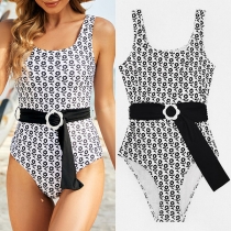Sexy Floral Printed One-piece Swimsuit with Belt