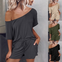 Sexy Oblique Shoulder Short Sleeve Solid Color T-shirt + Shorts Two-piece Set
