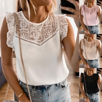 Sexy Lace Spliced Sleeveless Round Neck Solid Color Top