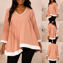 Chic Style 3/4 Sleeve V-neck Irregular Hem Contrast Color Top for Daily Wear
