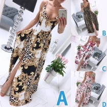 Bohemian Style Backless V-neck Slit Hem Sling Printed Maxi Dress
