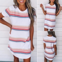 Casual Style Short Sleeve Round Neck Striped T-shirt Dress