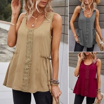 Simple Style Sleeveless Round Neck Lace Spliced Top
