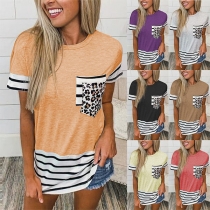 Fashion Leopard Striped Spliced Short Sleeve Round Neck T-shirt