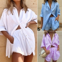 Casual Style Short Sleeve Solid Color Shirt + Shorts Two-piece Set