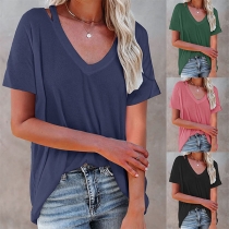 Fashion Solid Color Short Sleeve Off-shoulder V-neck High-low Hem T-shirt