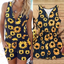 Fashion Sleeeless V-neck Sunflower Printed Romper