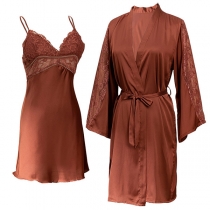 Sexy Solid Color Backless V-neck Lace Spliced Sling Dress + Robe Ice Silk Nightwear Two-piece Set