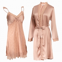 Sexy Solid Color Lace Spliced Sling Dress + Long Sleeve Robe Nightwear Two-piece Set