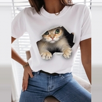 Women's T shirt Cat Graphic 3D Print Round Neck Tops 100% Cotton Basic Basic Top White