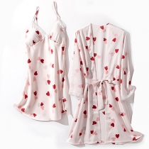 Sexy Backless V-neck Heart Printed Sling Nightwear Dress + Robe Two-piece Set