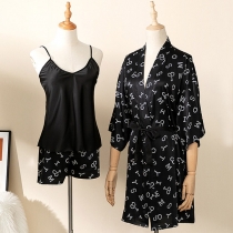 Fashion V-neck Sling Top + Printed Shorts + Robe Nightwear Three-piece Set