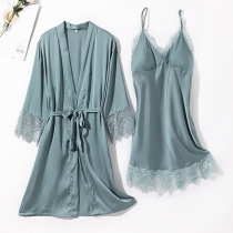 Sexy Backless V-neck Lace Spliced Sling Nightwear Dress + Robe Two-piece Set